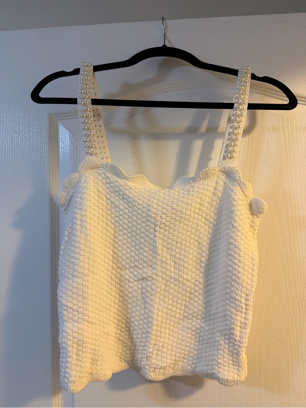 Aqua White Pearl-Strap Textured Tank
